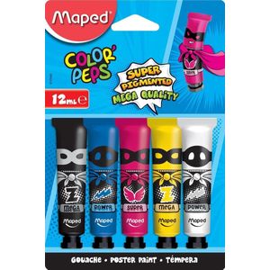 Maped Kinder-Gouache-verf, 5 intense kleuren, super gepigmenteerd, gemakkelijk te openen, schroefsluiting, basiskleuren, 5 tubes à 12 ml