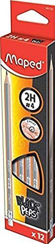 Maped - Grafietpotloden 2H #4 Black'Peps - Houten potloden met gum - Ergonomische driehoekige vorm - Doos met 12 potloden 2H nr. 4 - Grijs