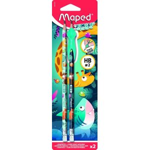 Maped grafietpotlood Jungle Fever HB met gom, + leerhulpmiddel, blister van 2 stuks, assorti
