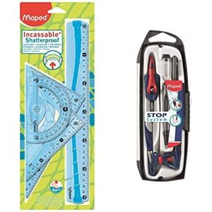 MAPED 4-delige tekenset, met liniaal, 30 cm, gradenboog 180°/12 cm, geodriehoek 60°/21 cm, 45°/21 cm + passer 5-delig stopsysteem - kleur blauw of groen