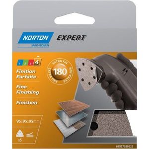 Norton Zelf te monteren schuurpapier, 5 vellen met 6 gaten, voor driehoekige slijpmachine, diameter 95 mm, korrel 180, 5 stuks