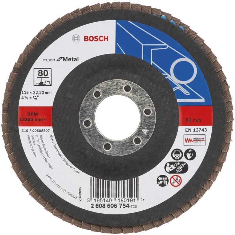 Bosch - Fächerschleifscheibe Expert for Metal 115 22,23 80 gewinkelt Glasgewebet. - 2608606754