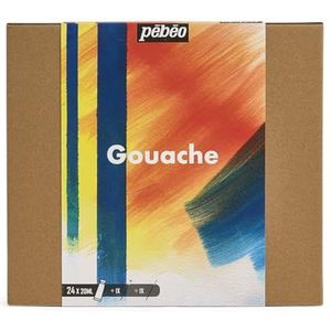 PEBEO – Studio XL Gouache – set met 24 buizen 20 ml verschillende kleuren + accessoires – Gouache-set voor kunstenaars en beginners – penselen + spatel + canvas karton – heldere en levendige kleuren