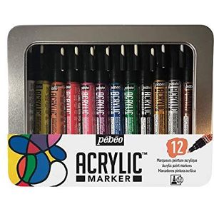 Pébéo Metalen doos acryl marker-12 markers, 1,2 mm, verschillende kleuren, 12 x 1,2 mm, set van 12 stuks