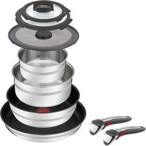Jamie Oliver by Tefal 9-delige Ingenio roestvrij stalen set, 2 afneembare handgrepen, 2 gecoate pannen, 2 potten, 3 deksels, inductie, ovenvast, L9769932