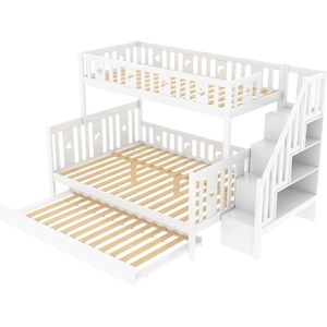Merax Hoogslaper 90x200 en Stapelbed 140x200 met Extra Uitschuifbaar Bed - Kinderbed met Opbergruimte en Trap - Wit