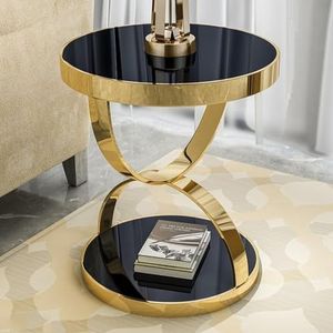 Ronde Tafel Van Gehard Glas, Salontafel Van Gehard Glas, Woonkamertafel 2-laags Banktafel Roestvrij Stalen Bijzettafel, Cirkelvormige Opbergplank Met Metalen Frame, Luxe Ronde Bijzettafel Voor Banken