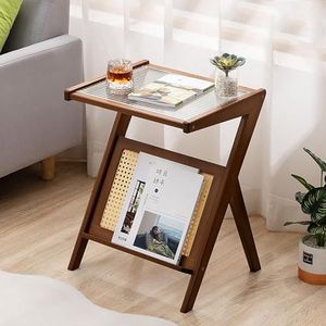 Bamboe Nachtkastje, Bamboe Salontafel Met L-plank, Woonkamertafel Glas Met Tijdschriftenhouder, Bijzettafel, Voor Kleine Ruimtes, Nachtkastje Voor Woonkamer, Slaapkamer ( Color : B , Size : 18*15*22