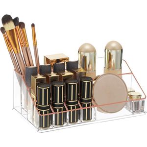 Make-up organizer, cosmetica organizer met 3 lades en 15 vakken in verschillende maten, transparant roségoud HMKA002T01