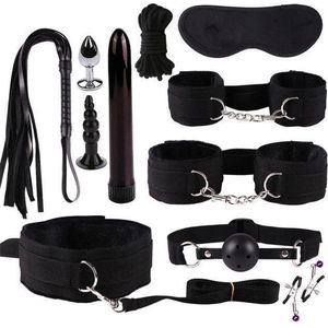 Exotische accessoires nylon sex bondage set met sexy lingerie handboeien zweep touw anale vibrator voor volwassen seks [11 in 1 zwart]