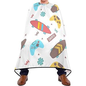 Haarknipschort 140 x 168 cm, gamepad en skateboard, professionele saloncape, grote kappersschort, duurzame kappersjurk, voor kappers, vrouwen, mannen