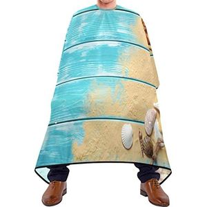 Haarknipschort 140x168cm, zeeschelpen op blauwe houten kappersschort grote kappersjurk unisex salon kapper cape, voor salon, kappers, verven styling