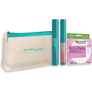 Maybelline New-York Pennenetui, Trio Routine Green, bevat mascara mega mousse (01 Blackest Black), Balmy Lip Blush (07 Moonlinght), 3 x make-up remover katoen, herbruikbaar en wasbaar