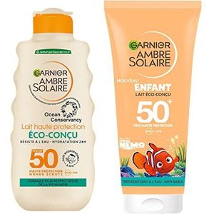 GARNIER Ambre Solaire - Coffret Famille Responsable - Routine Protection Solaire FPS 50 - Lait Éco-Conçu Enfant & Adulte - Protège des UVA & UVB - Résiste À L'eau - Tous Types de Peaux - 100 ml