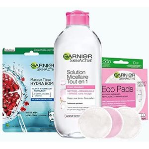 Garnier - Make-up remover set - voor normale tot gevoelige huid - All in 1 micellair water (400 ml), Ecopads make-up remover (x3), hydraterende stoffen masker