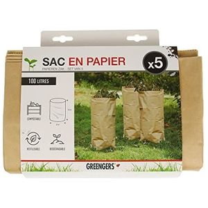 Greengers - Tuinafvalzakken - Set van 5 groene afvalzakken van composteerbaar papier 100L, tuinafvalzak 100L, tuinzak 100L - 5 zakken - afbreekbare biologische zakken - ø45 x H80cm