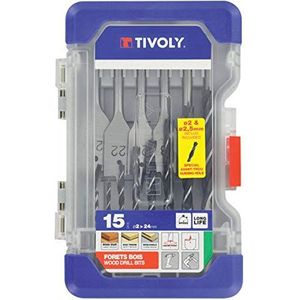 Tivoly 10802470001 Rangerkoffer T15 hout, bevat houtboren, 3 punten, Ø 2-2,5-3-4-5-6-7-8-10 mm, platte boor Ø 14-16-18-20-22-24 mm