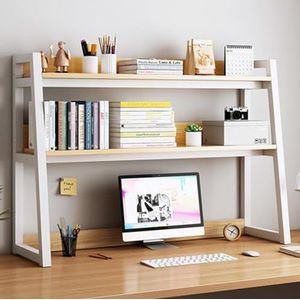 JLVAWIN 2 Tier verstelbare desktop boekenplank bureau organizer boekenkast hout en metalen opbergplank, computerbureau (maat: 95 cm x 32 cm x 90 cm)