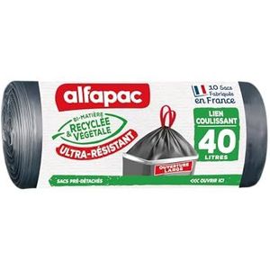 Alfapac - 10 vuilniszakken van 40 l met zeer robuuste schuifband - brede opening - gemaakt in Frankrijk - gerecycled en plantaardig bi-materiaal