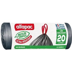 Alfapac - 20 zakken van 20 liter met schuifband - Extra sterke vuilniszak - Gerecycleerd en plantaardig bi-materiaal - Gemaakt in Frankrijk