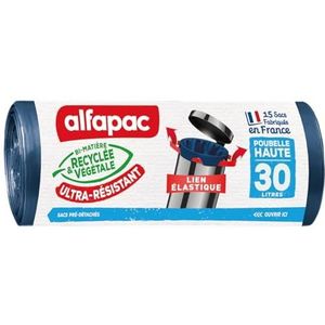 alfapac - 15 vuilniszakken, 30 l, hoge afvalemmer met elastische band, zeer robuust, gemaakt in Frankrijk, gerecycled en plantaardig bi-materiaal