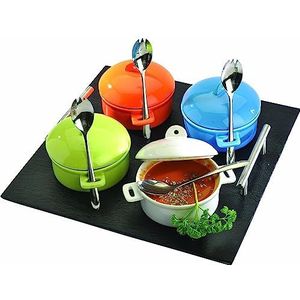 Lebrun Bestek – 9-delige mini-braadpan set – 4 mini-braadpannen – 4 gemengde lepels – leisteen dienblad + metalen handgrepen – borden en serveerschalen – ideaal voor aperitieven en proeverijen