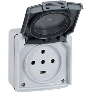 LEGRAND - Waterdicht stopcontact met vermogen 20 A met plexo-aarde - stopcontact 2P+T vermogen max. 4600 W - 4 cellen - opbouw - grijs