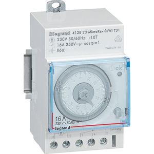 Legrand, Timer MicroRex T31 Su/Wi Plug & Play, mechanisch met 24 uurprogramma's, serieinbouwtimer voor DIN-rail, 3-modulige, 16 A, 250 V, 8 x 5 x 2, 412823