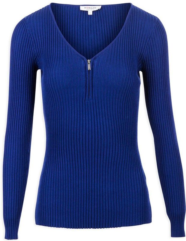 Morgan geribde longsleeve met rits blauw