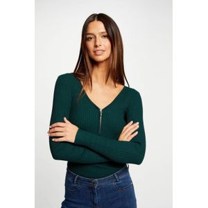 Morgan Geribde Longsleeve met Rits Groen