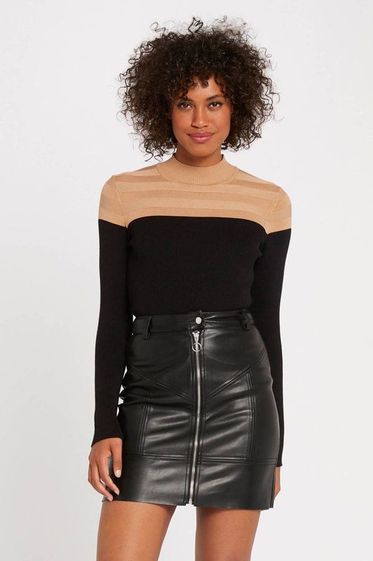 MORGAN - Bicolor Trui - Kastanje - Opstaande Kraag - Lange Mouwen