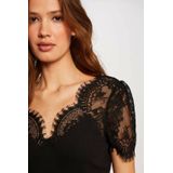 Morgan - Top - Zwart - Polyestermix - V-hals, Korte Mouwen, Kanten Details