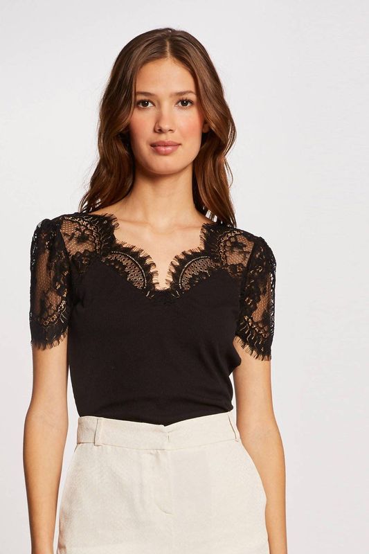 Morgan - Top - Zwart - Polyestermix - V-hals, Korte Mouwen, Kanten Details