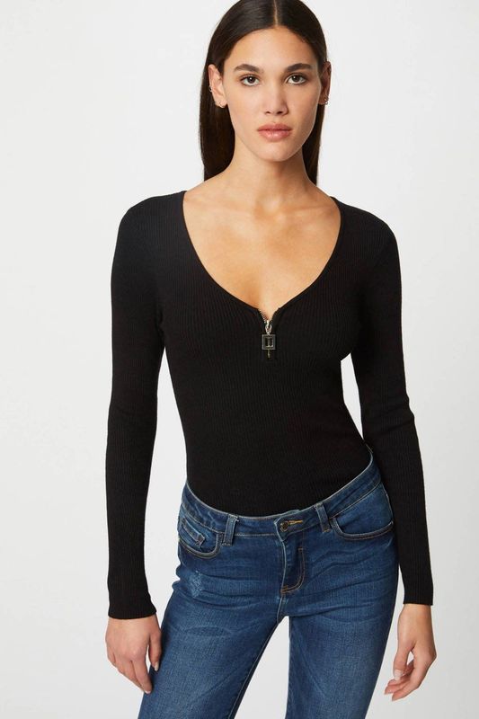 Morgan - Ribgebreide Top - Zwart - Lange Mouwen