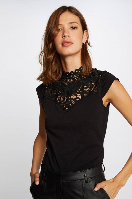 Morgan - Top - Zwart - Mouwloos - Katoenmix - Kanten Boord