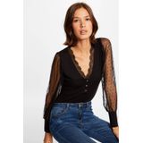 Morgan - Fijngebreide Top - Zwart - Met Kant - V-hals - Lange Mouwen
