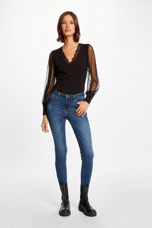 Morgan - Fijngebreide Top - Zwart - Met Kant - V-hals - Lange Mouwen