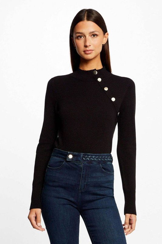 Morgan - Top - Zwart - Viscosemix - Lange Mouwen - Opstaande Kraag