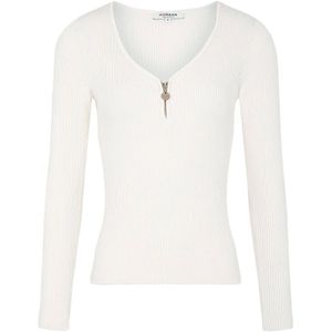 Morgan - Ribgebreide Top - Gebroken Wit - V-hals - Lange Mouwen