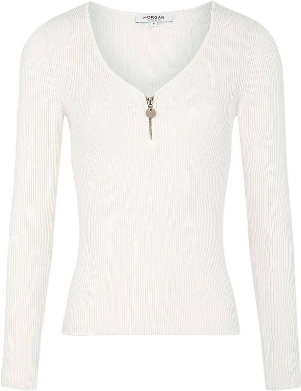 Morgan - Ribgebreide Top - Gebroken Wit - V-hals - Lange Mouwen