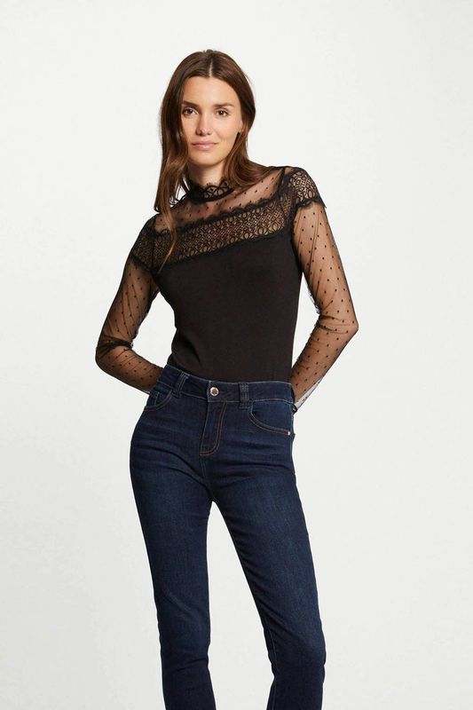 Morgan - Kanten Top - Zwart - Semi-transparant