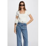 Morgan - Ribgebreide Top - Ecru - Katoenmix - Korte Mouwen
