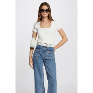 Morgan - Ribgebreide Top - Ecru - Katoenmix - Korte Mouwen