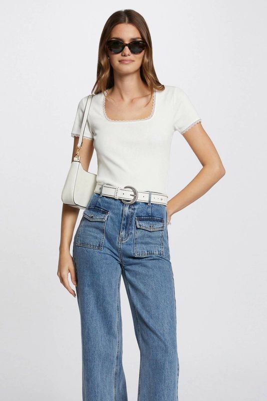 Morgan - Ribgebreide Top - Ecru - Katoenmix - Korte Mouwen