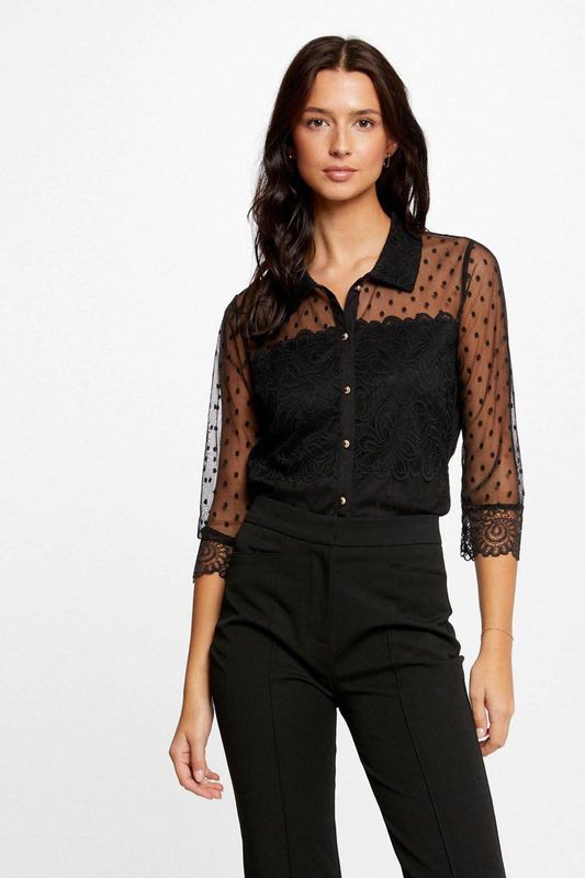 Morgan - Semi-transparante Blouse - Zwart - Met Stippen en Kant