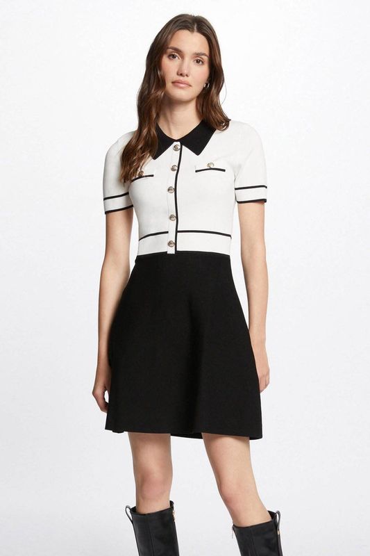 Morgan - Formele Damesjurk - Off White/Zwart - A-lijn - Korte Mouwen