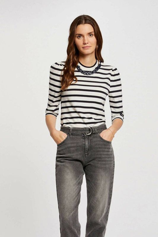 Shirt - Gestreept - Ronde Hals - Driekwart Mouw - Normale Pasvorm