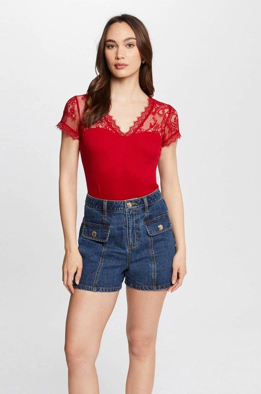 Morgan - Semi-transparante Top - Kanten Details - V-hals - Korte Mouwen