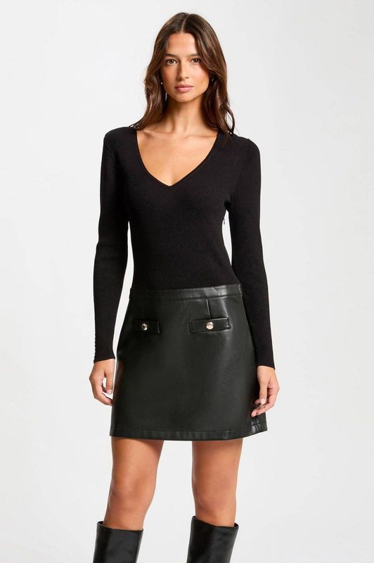 Jurken - Effen - Imitatieleder en Knitwear - Aansluitende Pasvorm