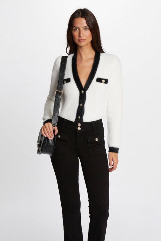 Morgan - Vest - Wit/Zwart - Dames - V-hals - Lange Mouwen - Knoopsluiting